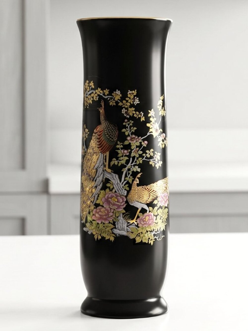 Vintage Otagiri Japan Peacock Crown Iris Black Gold Ceramic Bud Vase 6.5 In